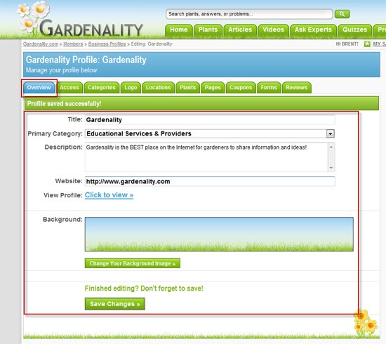 Gardenality - Business Profile Overview Page