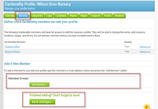 Gardenality - Business Profile Access Page