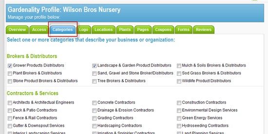 Gardenality - Business Profile Categories