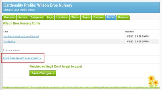 Gardenality Business Profile Forms